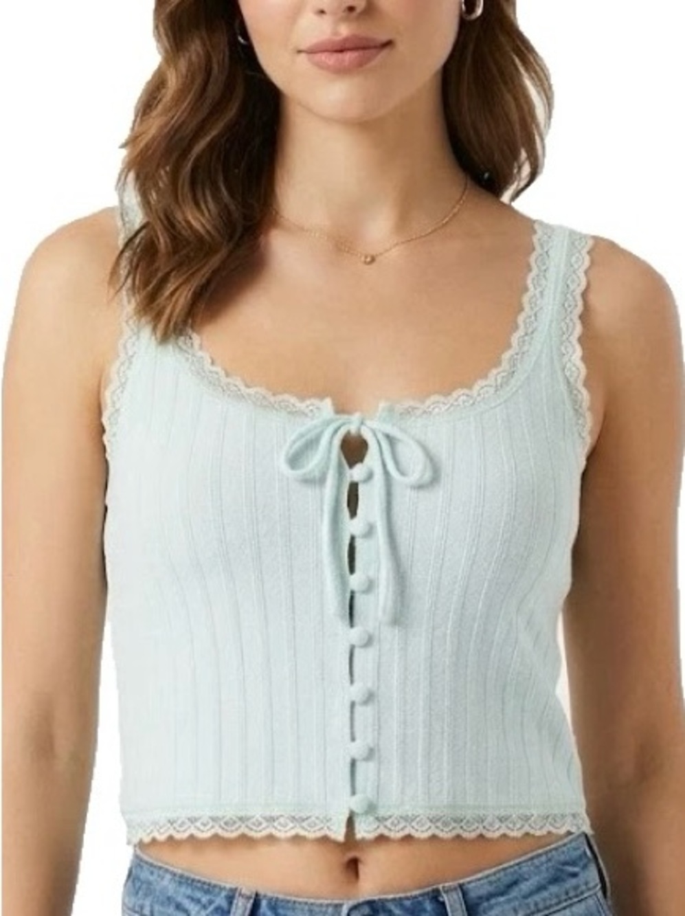 Bloomingdale's Mint Ribbed Lace-Trim Crop Tank with Front Tie